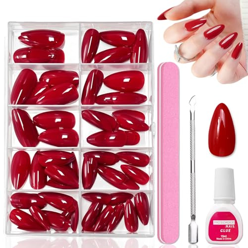 120 Stück Rot Künstliche Fingernägel - Einfarbig Mittel Press on Nails Almond - Glossy Nägel Zum Aufkleben Set Für Nails Art - Elegant Acryl Kunstnägel Zum Aufkleben Für Frauen Weihnachtstag (Red)