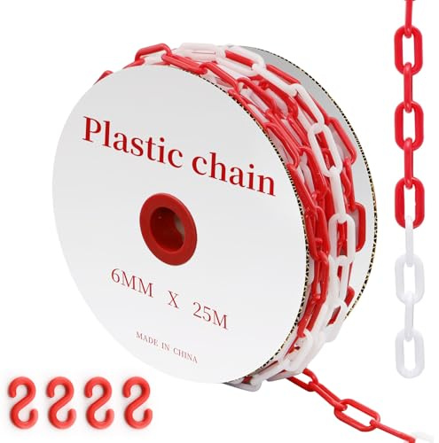 alwaiiz Absperrkette Rot Weiß Kunststoff 25m x 6mm, Leicht Absperrkette Warnkette, Kunststoffkette zum Absperren von Flächen