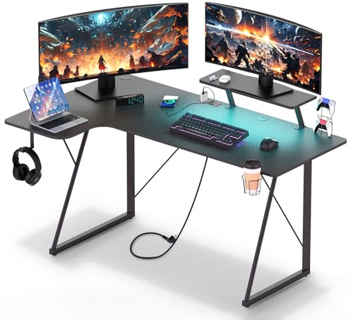 Wohenster Scrivania ad Angolo con Ciabatta, 150x90x75cm Tavolo da Lavoro a Forma L on Supporto per Monitor, Tavolo Gaming con Piano Del Tavolo in Fibra di, Scrittoio per Studio Gioco Lavoro Casa Nero