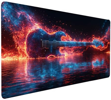 Tapis de Souris XXL 100x40x0.3cm Imperméable Guitare Tapis de Bureau Gaming pour Clavier Souris sans Fil Ordinateur Portable, Mouse Pad Flamme Bords Surpiqués Base Antidérapante, Cadeau model-4248