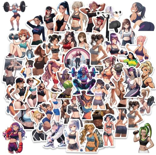 Anime Fitness Girl Stickers 50 Pack – Glossy Waterproof PVC Gym & Workout Anime Decals for Water Bottles, Laptops, Notebooks, Lockers – 5cm Self-Adhesive Motivational Stickers