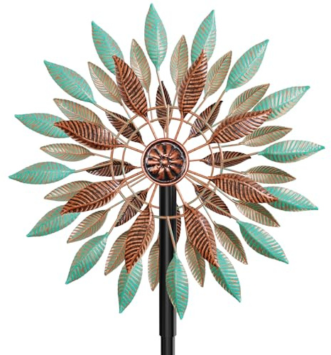 Wind Spinners Outdoor, 360° Metal Windmills for Yard Garden Art Decor, Kinetic Wind Sculptures with 5 Stake for Lawn Patio Outside Ornaments, 13.7 W x 64.3 H (Green+Brown)