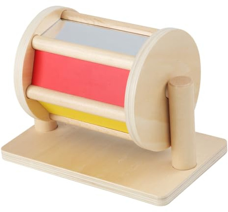 FENYW Tambour Rotatif Montessori, Toys à Tambour en Rotation pour Nourrissons de 6 à 12 Mois, Jouet Montessori Bebe, Tambour à Spin Portableavec Miroir, Jouet Rotatif en Bois, pour bébé