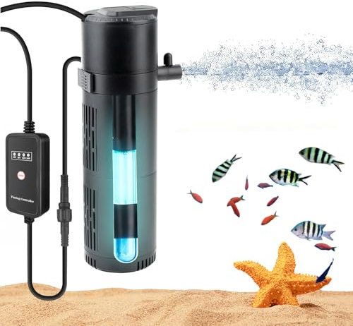 Internal UV Fish Tank Filter with UV Light, 5-in-1 Aquarium Filter Pump, Timer Controller and Visible UV Window, Multi-Mode Filtration System for Freshwater & Saltwater, 80-267L Aquariums (800L)