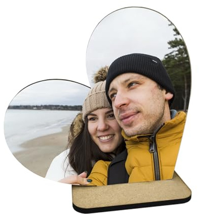 Genérico Portarretratos Personalizado con Foto, Forma de Corazón, Base de Madera, Decoración de Mesa, Regalo Romántico, parejas, san valentín (15x15cm)