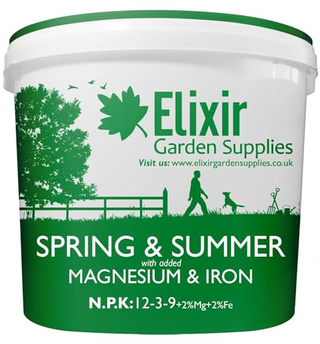 Elixir Gardens 12-3-9 Spring & Summer Compound Lawn Fertiliser 5kg Tub | Granular Lawn Feed with Added Iron + Magnesium |Treats 200m² Supplied In Resealable Tub