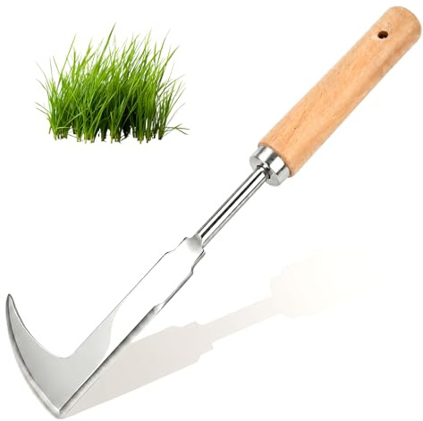 Kaelaxroy Couteau Désherbeur 31,5 cm avec Manche en Bois, Outil à Main pour Enlever Mousse et Mauvaises Herbes des Fissures, Lame en Acier Inoxydable Dentelée, Jardinage
