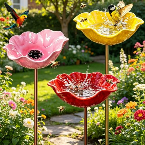Vogeltränke Stehend,3 Stück Wassertränke für Vögel,Vogeltränke Blume | Blumen Gartenstecker,Blumenform Fütterungsschale,Bienentränke Metall,für Wildvögel Frostfest,Garten,Hinterhof