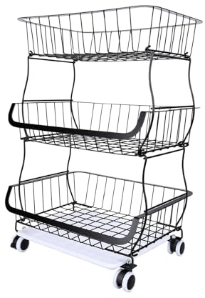 Pssopp Altri Contenitori e Accessori per la Carrello Portafrutta Rotolante in Acciaio Al Carbonio con Ruote Cestini in Filo Metallico Impilabili per Soggiorno Dispensa Carrello per Verdure a 3 (BLACK)