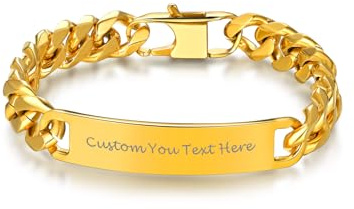 Bandmax Gourmette Homme Identité Personnalisé Plaqué Or 21cm, Chaîne Bracelet 10mm avec Plaque Personnalisable