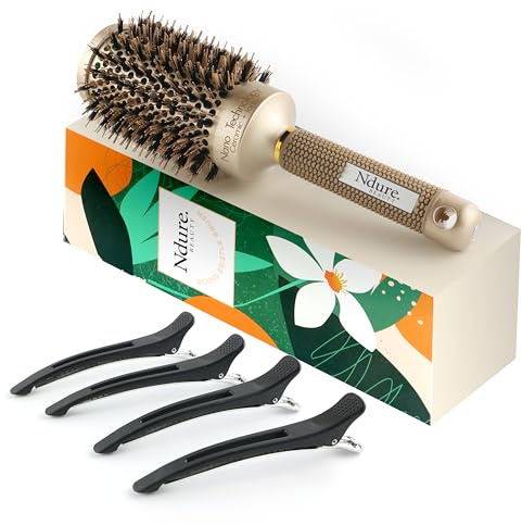 Ndure Beauty Hair Brush for Blow Drying, Curling & Straightening - Ceramic & Ionic Boar Bristles Barrel Brush with 4 Clips Included