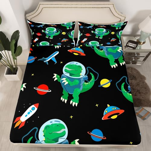 Boys Cartoon Dinosaur Fitted Sheet Green Cute Dino Bed Sheet Set Funny Dinosaur Astronaut Bedding Set for Kids Adults Space Rocket Print Bed Cover Outer Space Theme Room Decor Full Size