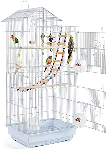Yaheetech Vogelkäfig mit Vogelspielzeuge Käfigspielzeug Wellensittichkäfig Nymphensittiche Fink-Papageien-Käfig mit Vogeltreppe Weiß