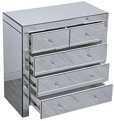 FurnitureHMD Mirrored Glass Bedside Table Chest of Drawers with Crystal Handles Home Storage Side Table for Bedroom,Living room,Office (3+2 drawers cabinet)