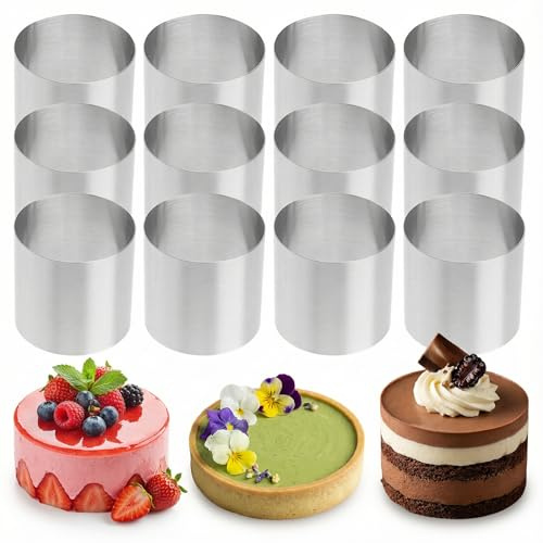 12Pcs Round Cake Rings Mold, Mini Cake & Pastry Ring, Stainless Steel Dessert Food Rings for Cooking Pastry Rings Cake Mousse Mold