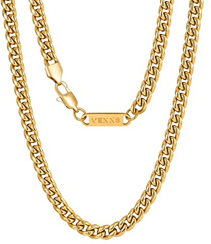 VEXXS Men's Gold Chain, 18K Real Gold Plated Miami Cuban Link Chain, Durable No Color Fading 3mm 4mm 6mm Men’s Necklace Chain Urban Fashion Street Wear
