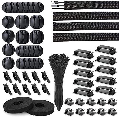Eono 152 Pièces Kit de Gestion des Câbles, 4 Manchon de Câble Gaine, 11 Clips Câble Organisateur Bureau, 10+2 Attache Câble, 25 Clips Câbles Adhésifs, 100 Serre Câbles