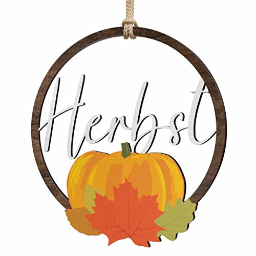 Holz Türkranz Herbst außen & innen - Holzkranz Haustür Tür Fenster - tolle Herbstdeko zum Aufhängen - Herbstliche Dekokränze Willkommen Schild - Herbsttürkränze Kürbis Deko Kranz (Festes Design)