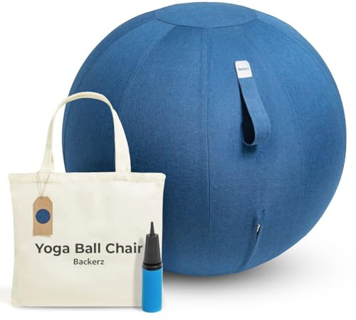 Backerz Siège Ballon 55cm - Balle intérieure PVC Résistante, Capacité 110kg, Caoutchouc, Housse Lin Doux Lavable - Chaise Ballon Ergonomique Bureau & Yoga, pour Bonne Posture - Bleu Foncé