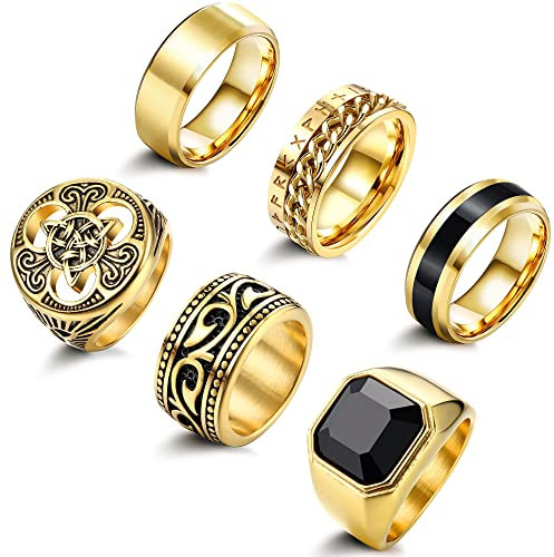 Adramata 6 Stück Herren Edelstahl Ringe Set - Keltische Knoten, Band, Biker, Gothic, Vintage Wikinger Siegelringe - Silber Gold für Männer