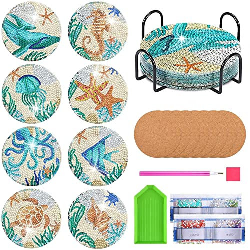 8pcs Diamond Painting Untersetzer Set mit Halter Diamant Malerei Untersetzer Mandala DIY 5D Diamond Art Untersetzer Erwachsene für Tassen Vasen Kerzen Geburtstag Einweihungsgeschenk (Meerestiere)