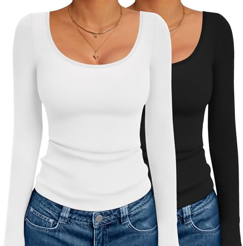 Ekouaer 2 Pack Long Sleeve Shirts for Womens Scoop Neck Tops Slim Fit Undershirts Basic Thermal Tee Shirt Black/White M
