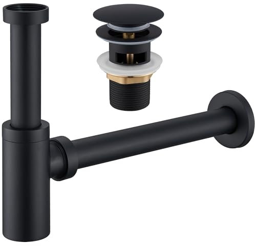 Ulytid Sifone Lavabo Bagno con Piletta di Scarico, Universale Sifone Antiodore Regolabile in Altezza con Apertura di Pulizia, Piletta Lavabo Bagno per Lavabo con Troppopieno, Nero opaco