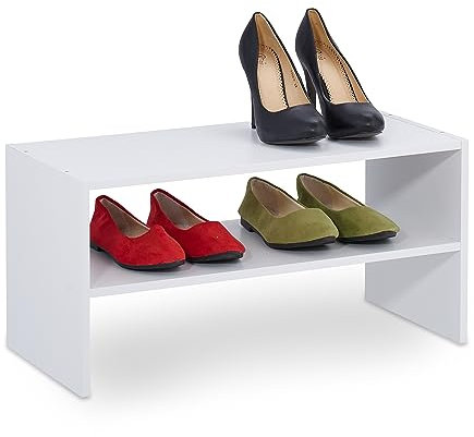 Relaxdays Schuhregal, für 4 Paar Schuhe, HBT: 29,5 x 60 x 29,5 cm, schmal, 2 Ebenen, Flur Schuhablage, stapelbar, weiß