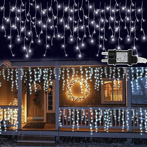 Herrselsam Eisregen Lichterkette, 5m 200LED Weihnachtsbeleuchtung Außen Eiszapfen Lichterkette mit Speicherfunktion, 8 Modi, IP44Wasserdicht für Innen Außen(Kaltesweiß)