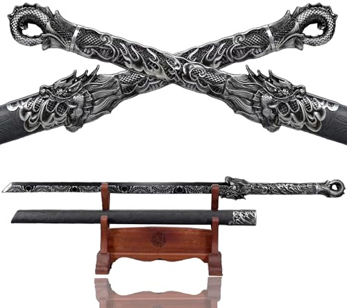 Chinese Sword Tang Dynasty Dao Carbon Steel Straight Blade Sharp Katana Dragon Pattern Sheath