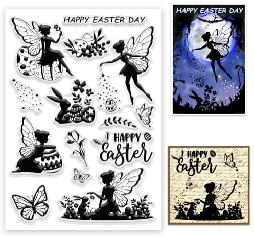 INFUNLY Elf Clear Stamps Frohe Ostern Gummistempel Hasenei Transparente Stempel Für Scrapbooking Schmetterling Blumenwörter Silikonstempel Für Osterkartenherstellung Journaling Fotoalbum Tagebuch