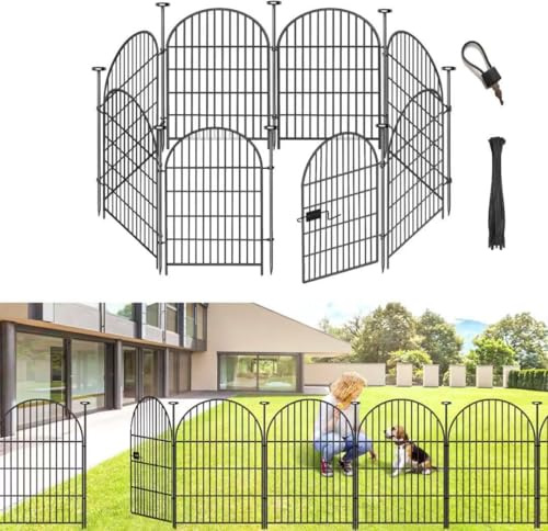 ADAVIN Gartenzaun, Tierbarriere mit Tor, 101,6 cm (H) x 4,7 m (L), 8 Paneele, rostfreier Metalldraht, hoher Zaunrand für Hunde, Kaninchen, Outdoor, kein Graben von Haustierzäunen, schwarze