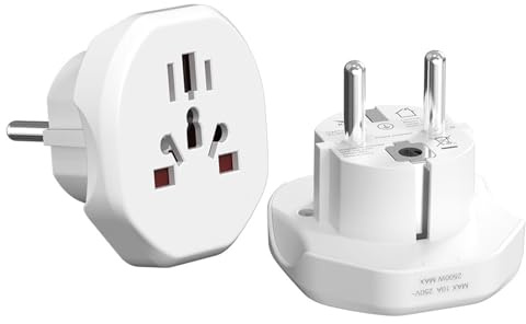 BrightArk Adaptador de Viaje Universal para España, Adaptador de Enchufe Internacional para USA/EU/UK/AU/JP/CN Adapta, 110-250V Adaptador de Corriente, Enchufe de Viaje Compacto Blanco 2 Piezas
