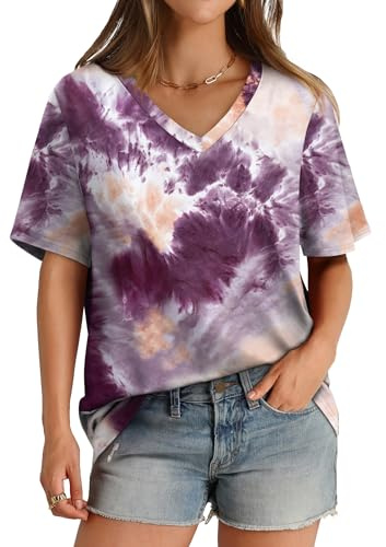 Oversized Tshirts for Women Short Sleeve Loose Fit Tops V Neck T-Shirt Ladies Blouses Tie Dye Purple Pink XXL
