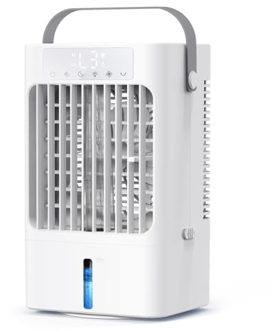 SUPOOBE Klimaanlage Mobil, 4-in-1 Mobiles Klimagerät, Mini Luftkühler mit Wasserkühlung, 900ml Wassertank, 3 Windgeschwindigkeiten & 2 Feuchtigkeits Modi, 90°Oszillation, Timer, Farben Licht