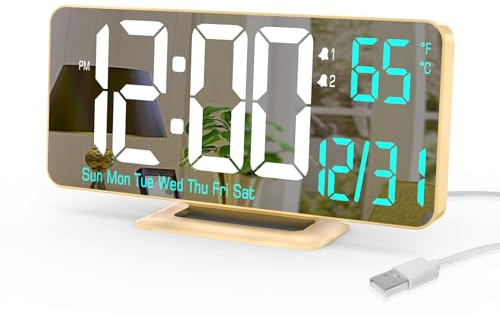 KOSUMOSU Dual Wecker 6.7in Gold Schreibtisch Uhr mit Dimmen, 12/24h, Sekunden, Datum, Wochentag, Temp, Digital LED Uhr für Schlafzimmer, Digital Kalender Uhren für Wohnzimmer Gold Schreibtisch Zubehör