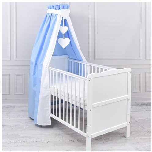 Generisch Baby Delux Babybett Himmel Betthimmel Baumwolle Baldachin für Babybett Kinderbett Wiege Stubenwagen Himmelstange Applikationen Herz Deko (Blau, mit Himmelstange)