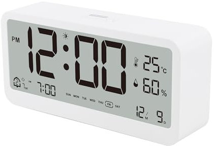 HAPPMY Wecker Digital mit 2 Weckzeiten, Digital Uhr mit Temperaturanzeige und Hygrometer, Digitaler Tischuhr ohne Ticken, Batteriebetrieben Schlafzimmer Nachttisch Digitaluhr