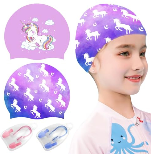 TYXHXTF 2 Stück Badekappe für Kinder, Silikon wasserdichte Schwimmhaube mit Einhorn, mit Nase Clip und Ohrstöpsel, für Langes und Kurzes Haar Mädchen Junge im Alter von 3 Dis 12 Jahren