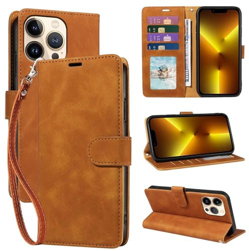 GOTOURED for iPhone 13 Pro Phone Case Wallet, RFID Blocking 4 Card Slots, Wrist Strap, Kickstand, Magnetic Closure, Shockproof Protective Soft Leather Flip Cover (Brown)
