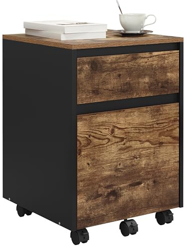 WOLTU Archivador con 2 Cajones y Barra Colgante, Cajonera Escritorio con Ruedas, Mueble Oficina de Almacenamiento, Armario Archivador para Carpetas y Archivos A4, Marrón Rústico, 40x40x56 cm,ASK11hov