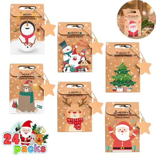 SAMSYOKI 24 Stück Geschenktüten Weihnachten, Weihnachtstüten Papiertüten mit Griff Weihnachten Geschenkbox Klein Kraftpapier Geschenktaschen für Schokolade SüßIgkeiten Plätzchen Geschenke