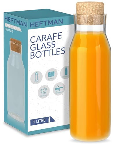 HEFTMAN Botella de vidrio de 1 litro con tapa de corcho, jarra de agua transparente para bebidas calientes y frías, tarros de suavizante de tela reutilizables, tarro de almacenamiento de detergente
