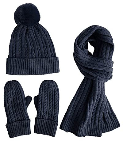 Surttan Damen Mütze Schal Set Kuschelig Damenmütze Mit Bommel Fleece Mütze Gestrickte Strickhandschuhe Elegant Schal Winddicht Fleece Gefüttert Strickmützen Handschuhe Winter Schaal 3 In 1 Warmes Set