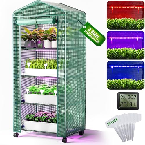 PYY Mini invernadero interior con luz de crecimiento, pequeño gabinete portátil para plantas verdes con ruedas, termómetro, cubierta de tienda de campaña de PE, 4 estantes de jardinería regulables de