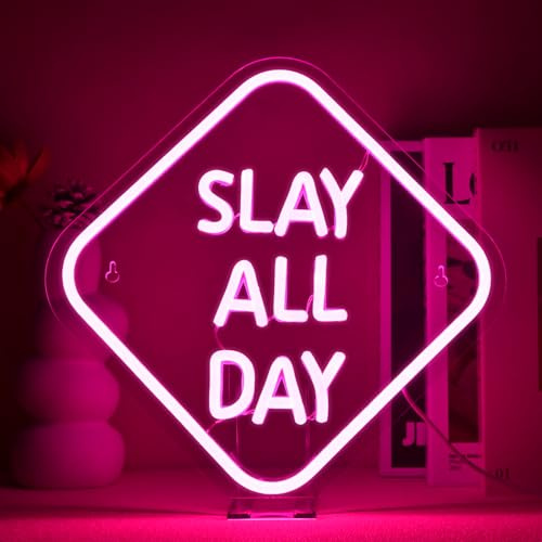 GLYOX Slay All Day Neon Schild Wanddeko für Mädchenzimmer,Neon Sign LED Schild für Bar Party Wand Fenster Dekor,Dimmbar Led Schriftzug für Zimmer Dekoration Lampe Leuchtschild Schlafzimmer