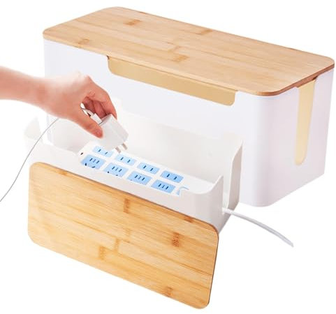 Cable Organiser Box, Compact Cable Box, Organiser, 2 x Cables from Hiding Containers, Organiser Case with Wood Management with Wooden Lid, Home Decoration with Cable Cut-Out for Computer Router, Stro