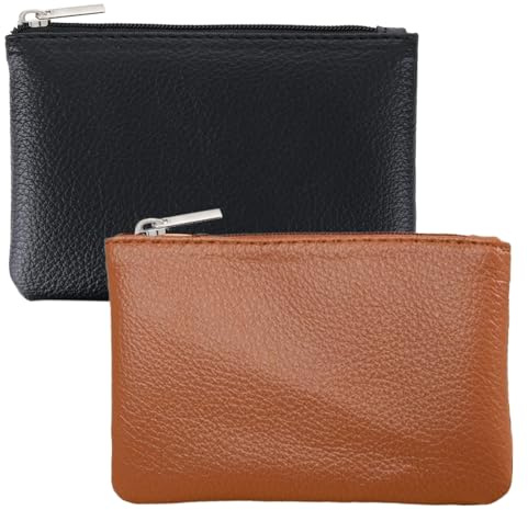 2 Pack Leather Zipper Coin Purse, Portable PU Leather Coin Purse,Mini Coin Pocket Pouch Change Holder, Coin Pouch with Zipper for Men Women Headset Credit Card ID Key Lipstick (Black&Brown)
