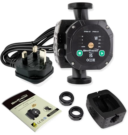 BritTherm P5 32/7-180 A-Rated Central Heating Circulating Pump | 7m Head, 4.3 m3/h Max Flow, EEI <0.20 | PWM & 10 Auto Programs, 180mm Port-to-Port, 2 Ports