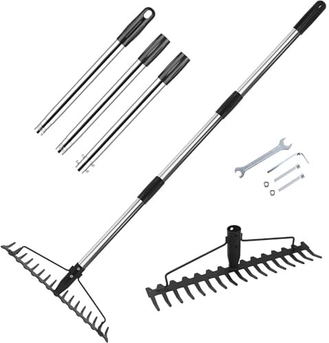 Garden Rake 17 Tines, 122Cm/48in Rake for Gardening, Lawn Thatching Rake, Adjustable Length, with Installation Tools, and a Hanging Hole On The Top of The Handle, for Gardens and Lawns